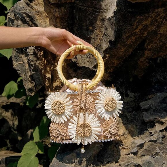 ⚡ Women's Brown White Flower Shaped Rhinestone Metallic Bucket Crossbody Bag - Picture 3 of 8